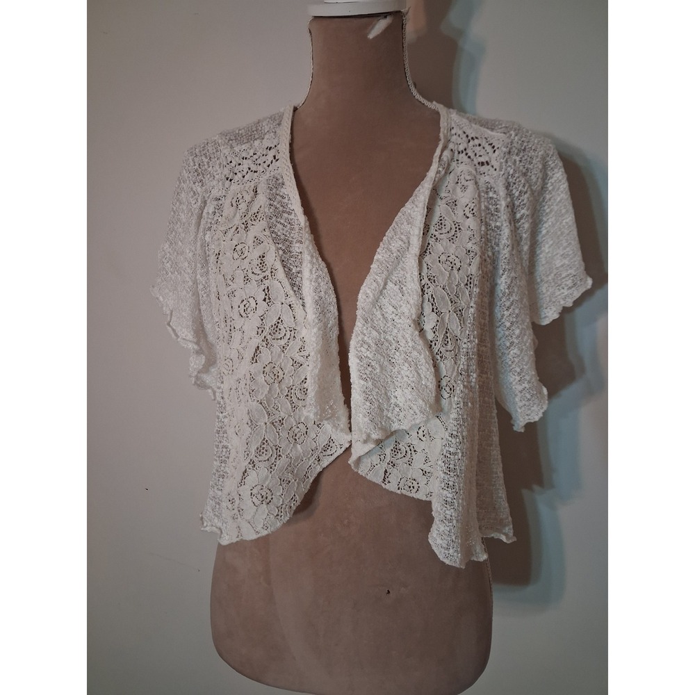 Rue21 Womens Cream Lace Back Open Cardigan Short Flutter Sleeve Shrug Medium